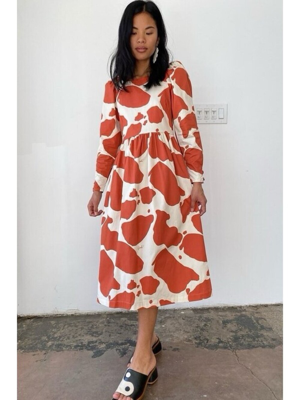 Lisa Says Gah Maddie Moo Cow Print Prairie Midi Dress XS Orange White Cotton